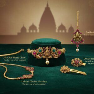 Stunning Indian Temple Jewelry Set 24k Goldplated, Kemp Stones - Set of 4 Lot!